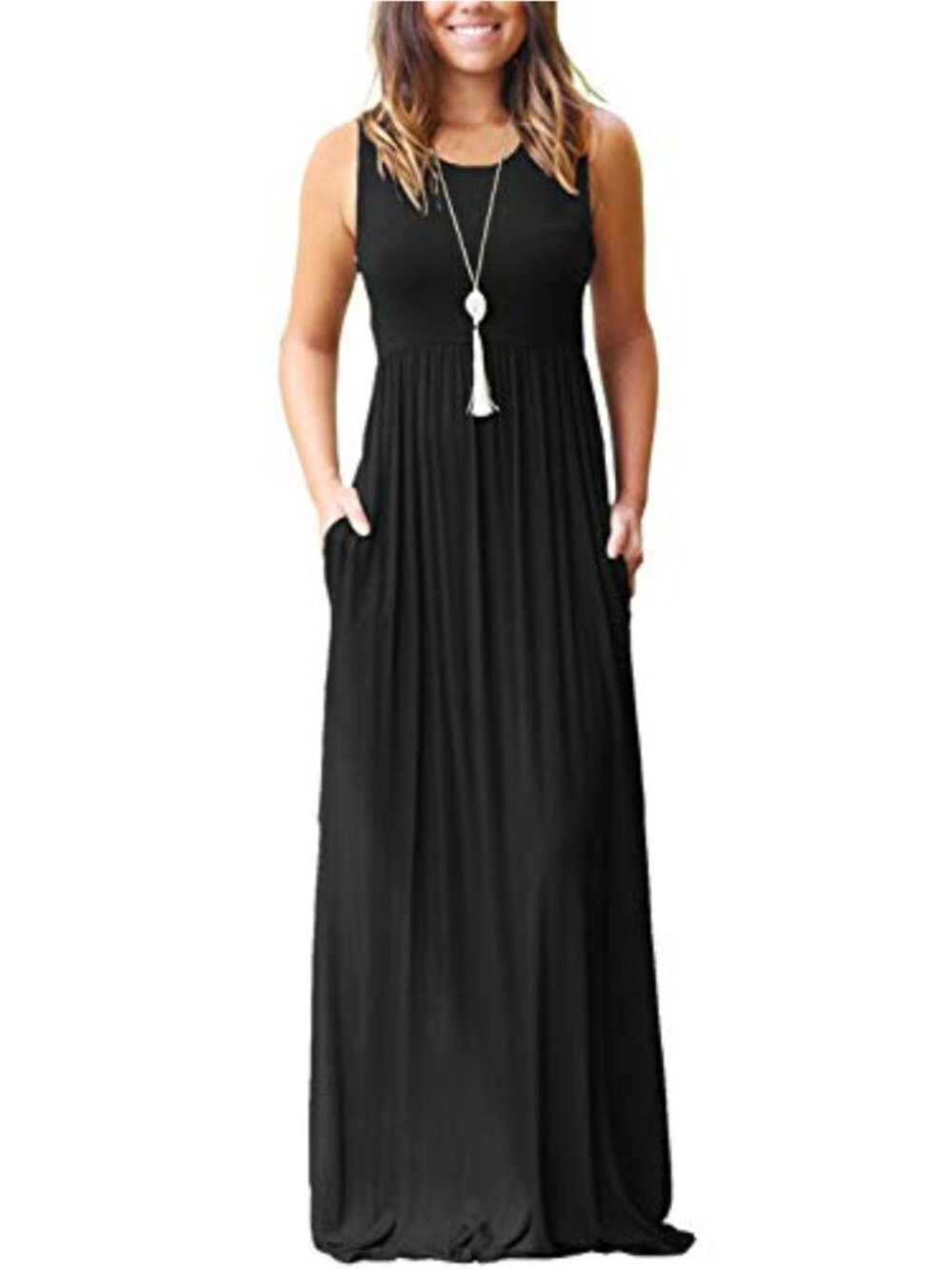 Casual Sleeveless Maxi Dress with Pockets, Soft Rayon Spandex, A-Line, High